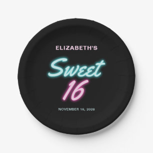 Assiettes En Carton Sweet 16 Neon Lights Anniversaire