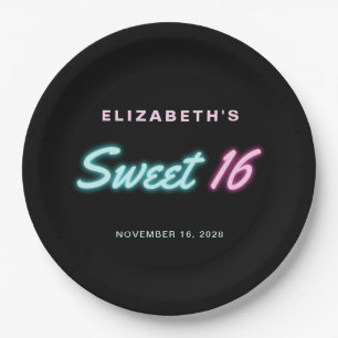 Assiettes En Carton Sweet 16 Neon Lights Black Birthday Party