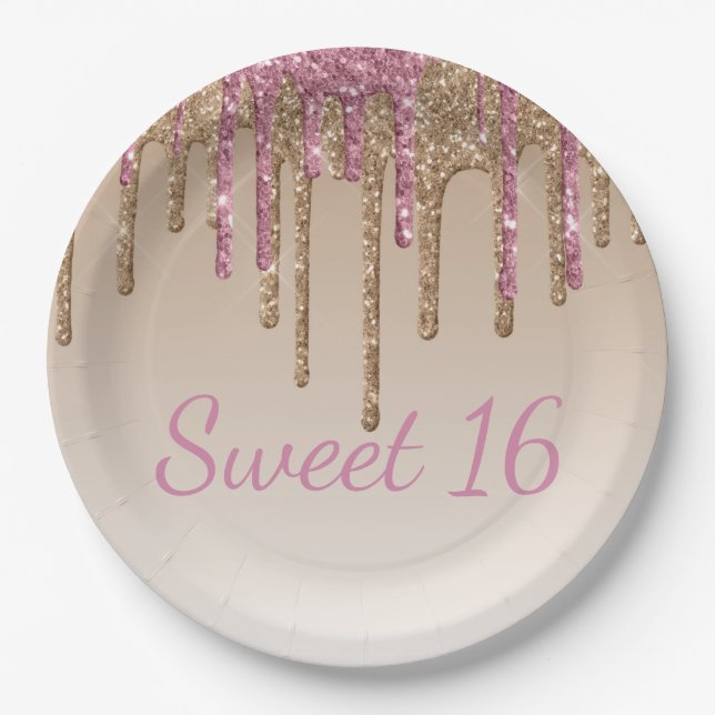 Assiettes En Carton Sweet 16 Pink Parties scintillant d'or foncé (Devant)