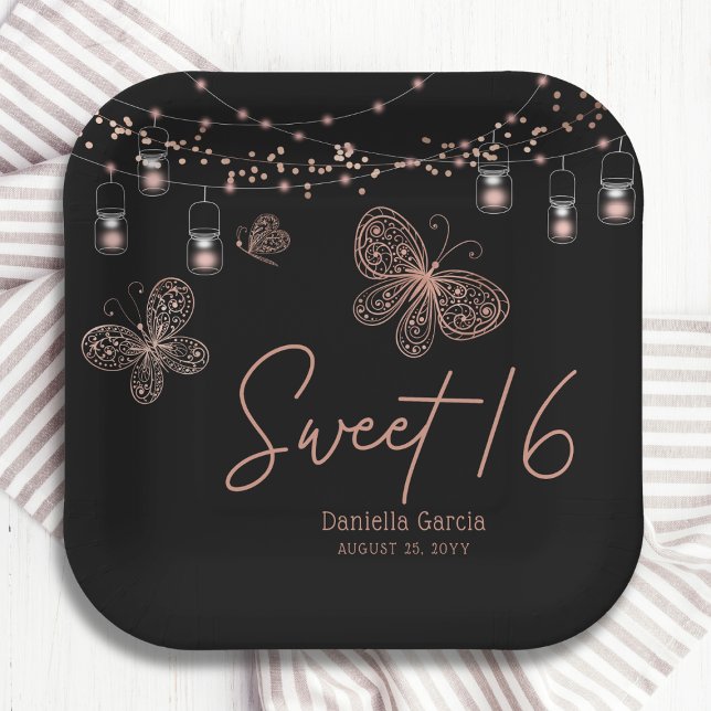 Assiettes En Carton Sweet 16 Rose Gold Butterfly Chic Moderne Annivers (Créateur téléchargé)