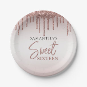 Assiettes En Carton Sweet 16 Rose Parties scintillant or Drip Script A