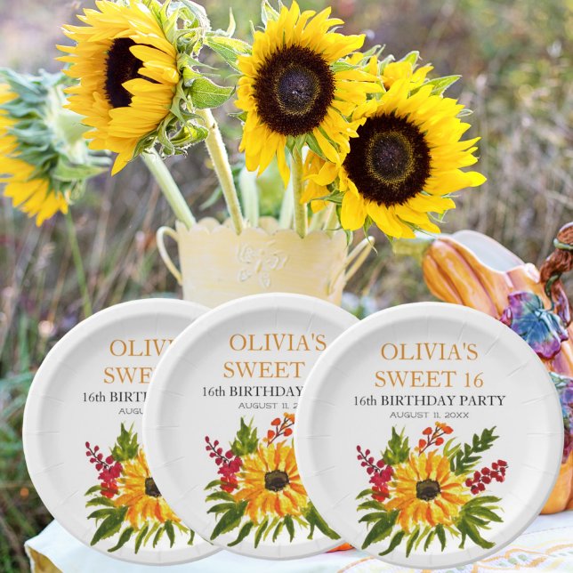 Assiettes En Carton Sweet 16 Seize Anniversaire Fête Tournesol Pays (Créateur téléchargé)