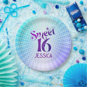 Assiettes En Carton Sweet 16 Super bleu violet dégradé Retro Boho