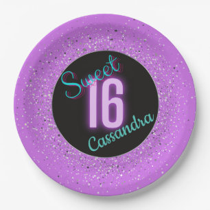 Assiettes En Carton Sweet 16 violet argenté brillance personnalisée