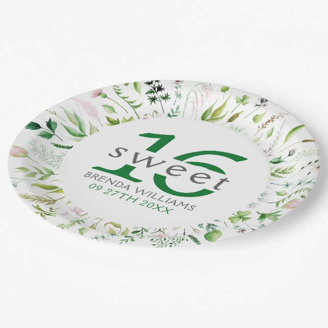 Assiettes En Carton Sweet 16th Birdie Green Leafs & Flowers Frame (Angle)