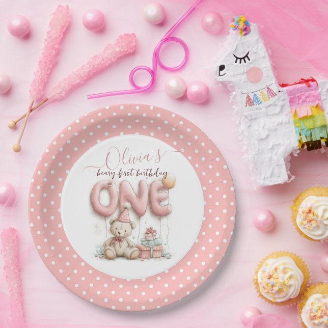 Assiettes En Carton Sweet First Birthday with Teddy Bear  (Fête)