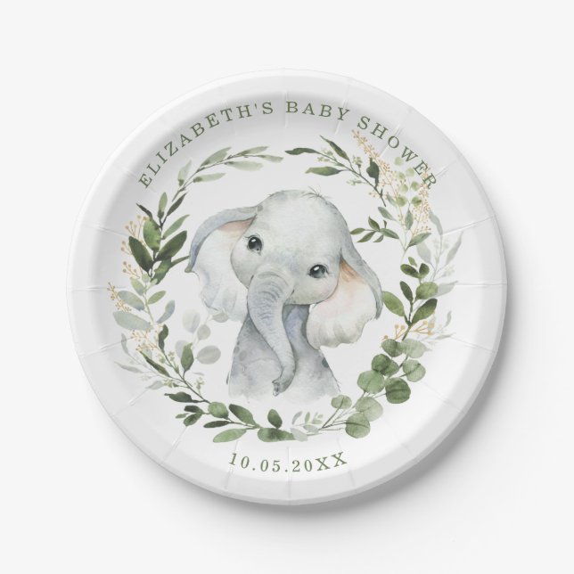 Assiettes En Carton Sweet Greenery Gold Jungle Elephant Baby shower (Devant)