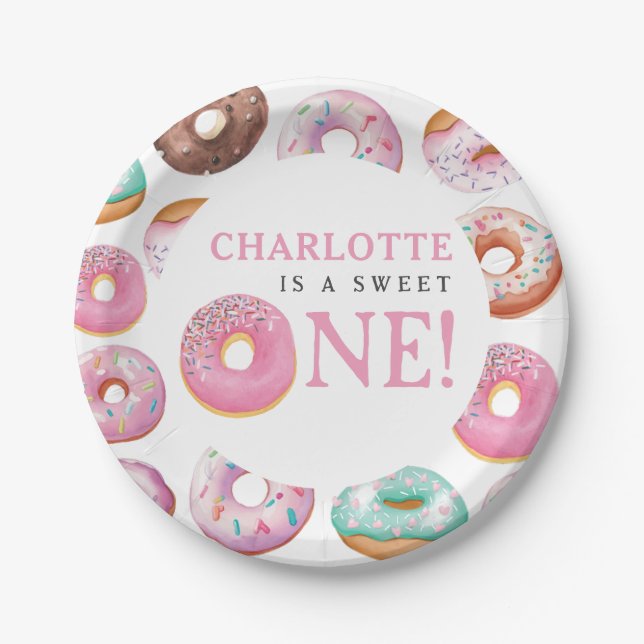Assiettes En Carton Sweet One Donut Rose 1er fête d'anniversaire (Devant)