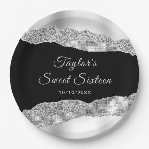 Assiettes En Carton Sweet sixteen des larmes d'argent et de verre noir