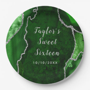 Assiettes En Carton Sweet sixteen en marbre vert et argenté