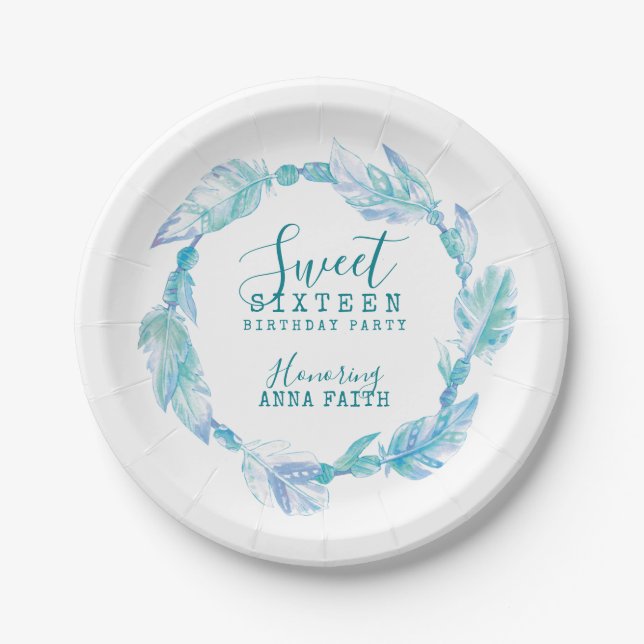 Assiettes En Carton Sweet sixteen fête d'anniversaire boho art aqua (Devant)