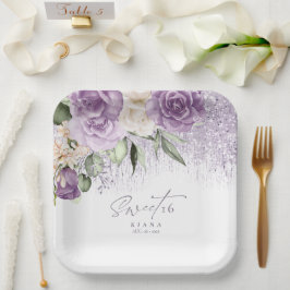 Assiettes En Carton Sweet sixteen floral étincelantes Mauve ID912