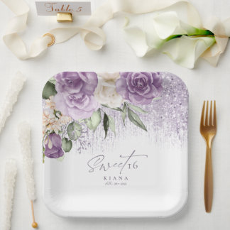 Assiettes En Carton Sweet sixteen floral étincelantes Mauve ID912