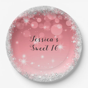 Assiettes En Carton Sweet sixteen Parties scintillant argent rose