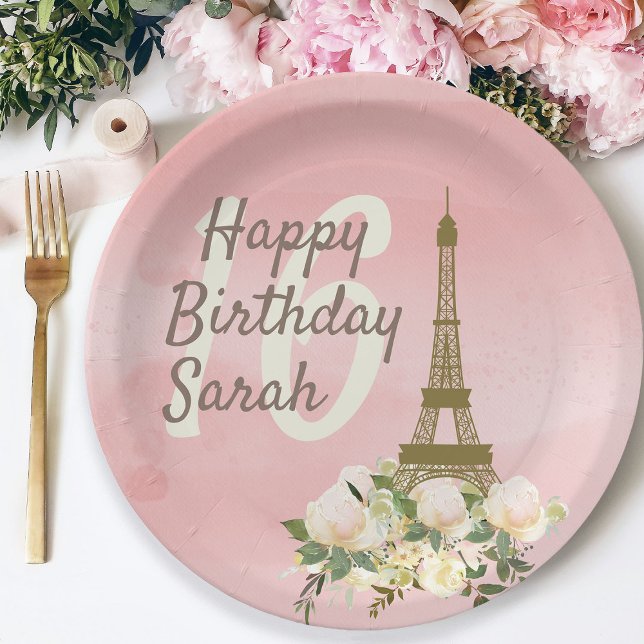 Assiettes En Carton Sweet sixteen Tour Eiffel en or rose (Paris/Eiffel Tower Sweet 16 paper plate)