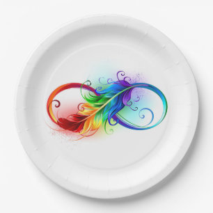 Assiettes En Carton Symbole d'infini avec plume arc-en-ciel