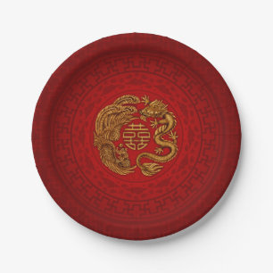 Assiettes En Carton Symbole du Bonheur avec Phoenix et Dragon