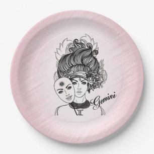 Assiettes En Carton Symbole et signe du zodiaque Gemini rose