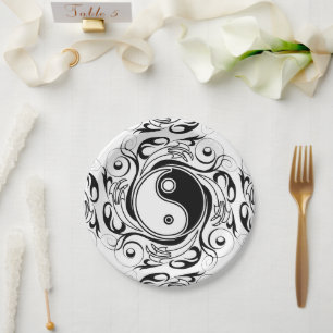 Assiettes En Carton Symbole Yin & Yang Style de tatouage noir et blanc