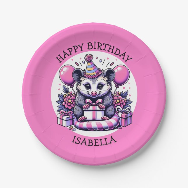 Assiettes En Carton Sympa Possum d'anniversaire de fille personnalisée (Devant)