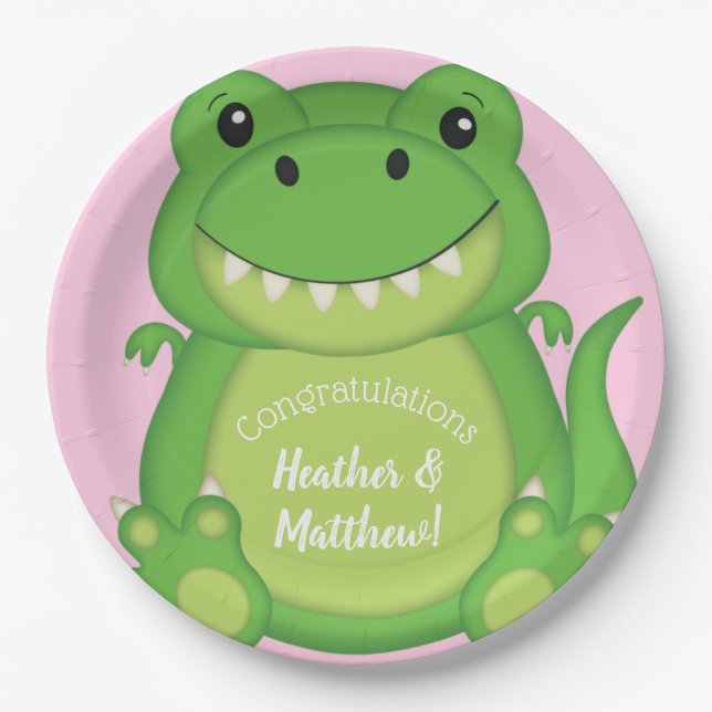 Assiettes En Carton T-Rex Dinosaur Baby shower rose (Devant)