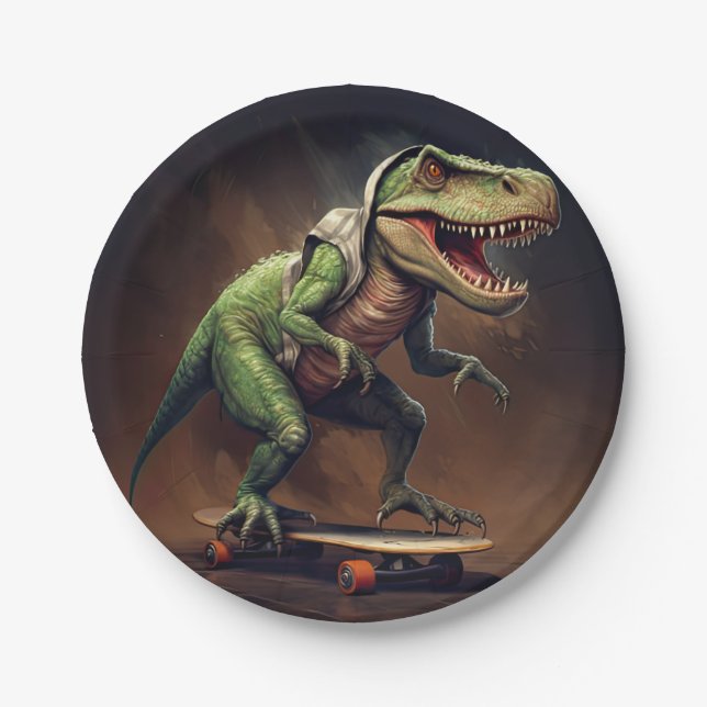 Assiettes En Carton T-Rex Dinosaur Rising a Skateboard Anniversaire Pa (Devant)