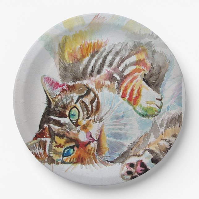 Assiettes En Carton Tabby Cat Aquarelle Anniversaire Plaque Papier (Devant)