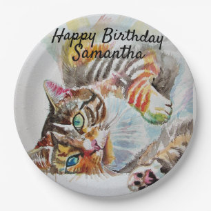 Assiettes En Carton Tabby Cat Aquarelle Anniversaire Plaque Papier