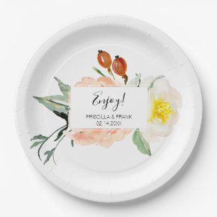 Assiettes En Carton Table de dessert de mariage floral aquarelle pêche