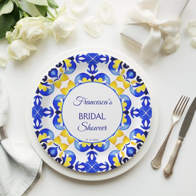 Assiettes En Carton Talavera azulejo bleu tuiles douches nuptiales mex (Talavera azulejo yellow blue tiles vintage Mexican bridal shower Paper Plates personalized decor)