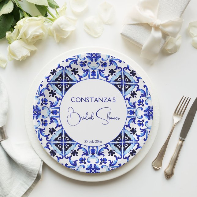 Assiettes En Carton Talavera azulejo bleu tuiles douches nuptiales mex (Talavera azulejo blue tiles Italian Mediterranean vintage Mexican bridal shower printed Paper Plates)