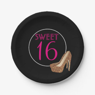 Assiettes En Carton Talons roses de parties scintillantes d'or