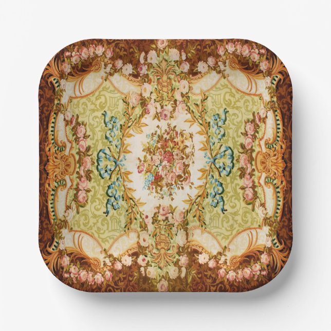 Assiettes En Carton Tapisserie rose à fleurs baroque victorienne (Recto)