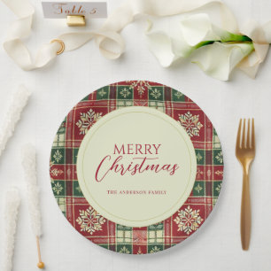 Assiettes En Carton Tartan de Noël Plaid Flocon de neige rustique