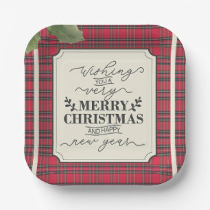 Assiettes En Carton Tartan Joyeux Noël & Bonne Année Nom