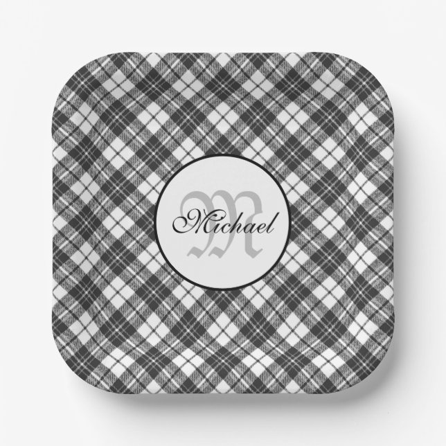 Assiettes En Carton Tartan motif Noël noir blanc Monogramme (Recto)
