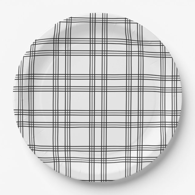 Assiettes En Carton Tartan Plaid Blanc Avec Lignes Noires (Devant)