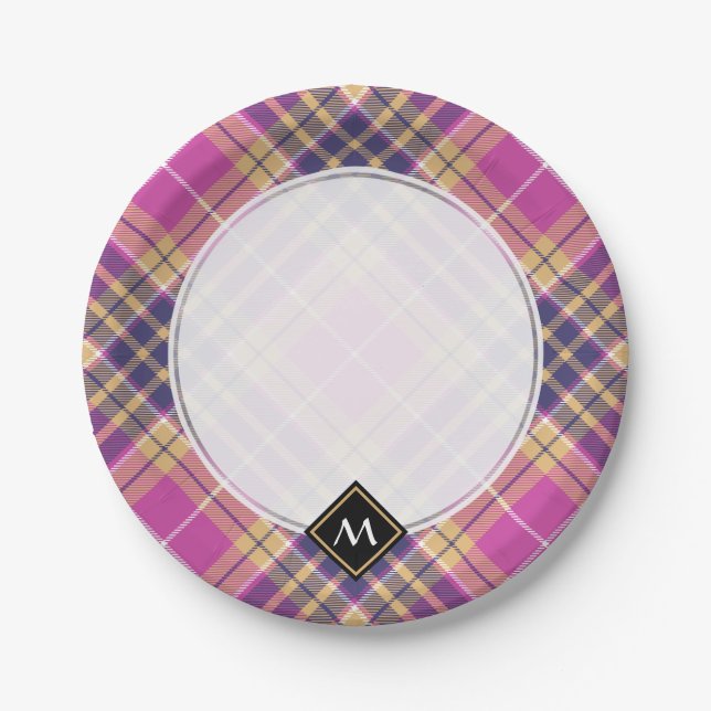 Assiettes En Carton Tartan rose, or et bleu (Devant)