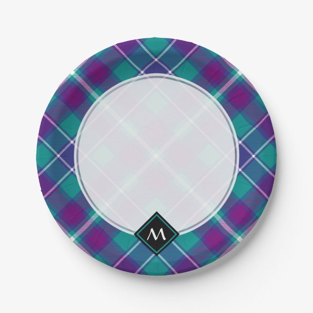 Assiettes En Carton Tartan vert de mer, violet et bleu (Devant)