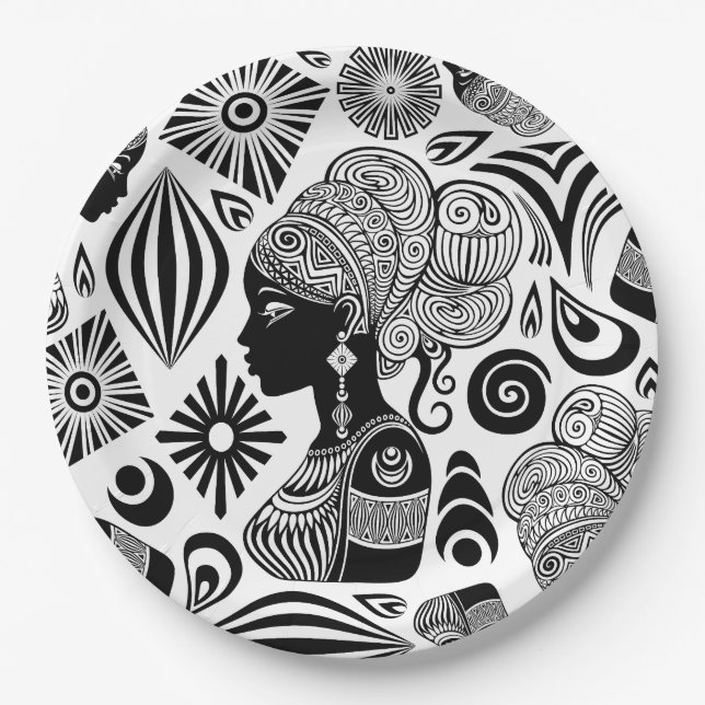 Assiettes En Carton Tatouage Tribal Portrait de Fille Africaine (Devant)