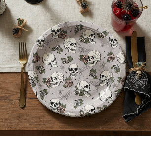 Assiettes En Carton Taupe Gray Gothic Skuls et Halloween Rose