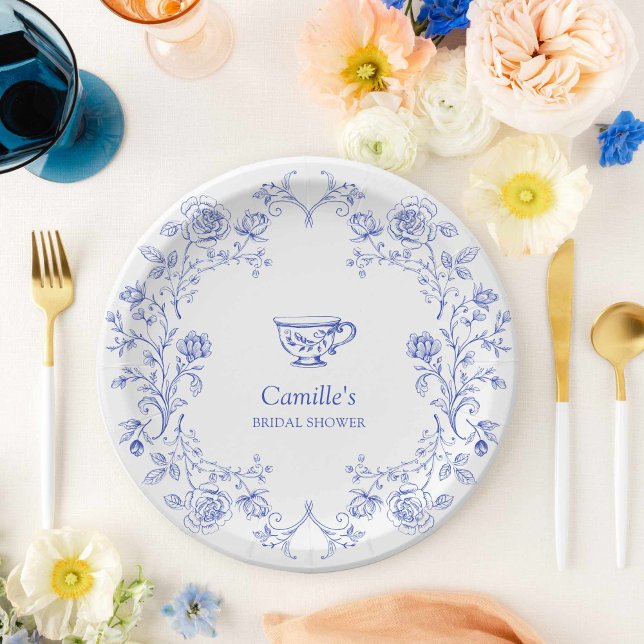 Assiettes En Carton Tea Party Blue Floral Fête des mariées (Blue Tea Party Bridal Shower Paper Plates)