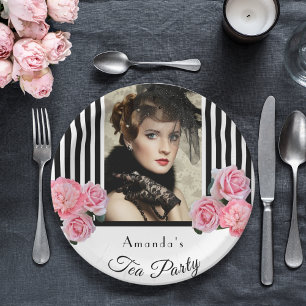Assiettes En Carton Tea party noir blanc rayures photo