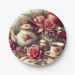 Assiettes En Carton Tea Party vintage Rose rouge