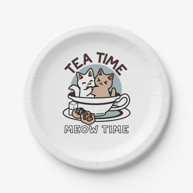 Assiettes En Carton Tea Time Meow Time - Cute Cat and Tea Design (Devant)
