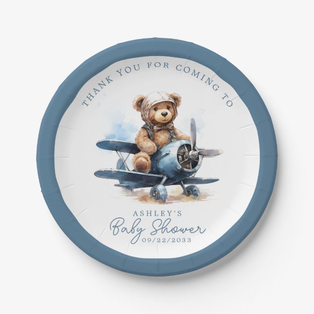 Assiettes En Carton Teddy Bear Avion Aquarelle Baby shower garçon (Devant)