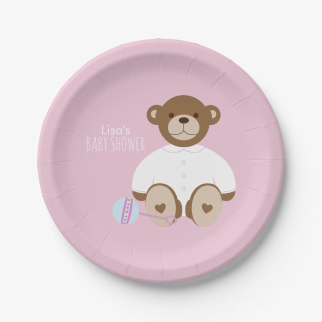 Assiettes En Carton Teddy Bear Baby shower Plaque papier - sur rose (Devant)
