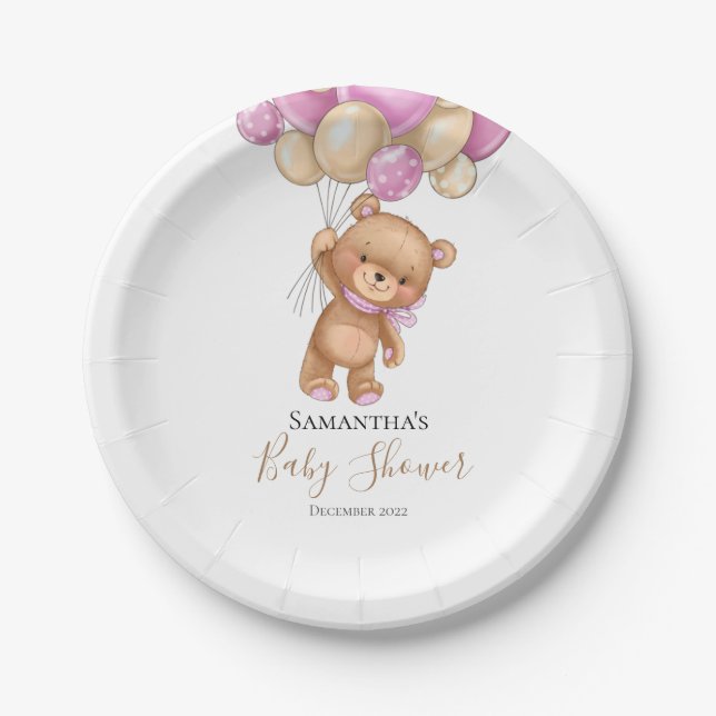 Assiettes En Carton Teddy Bear Balloon PINK Plaques en papier (Devant)