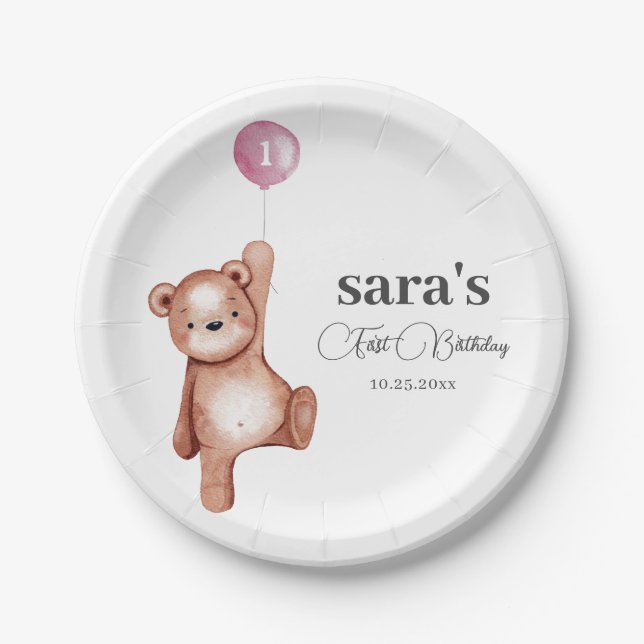 Assiettes En Carton Teddy Bear Girl First Birthday Party (Devant)