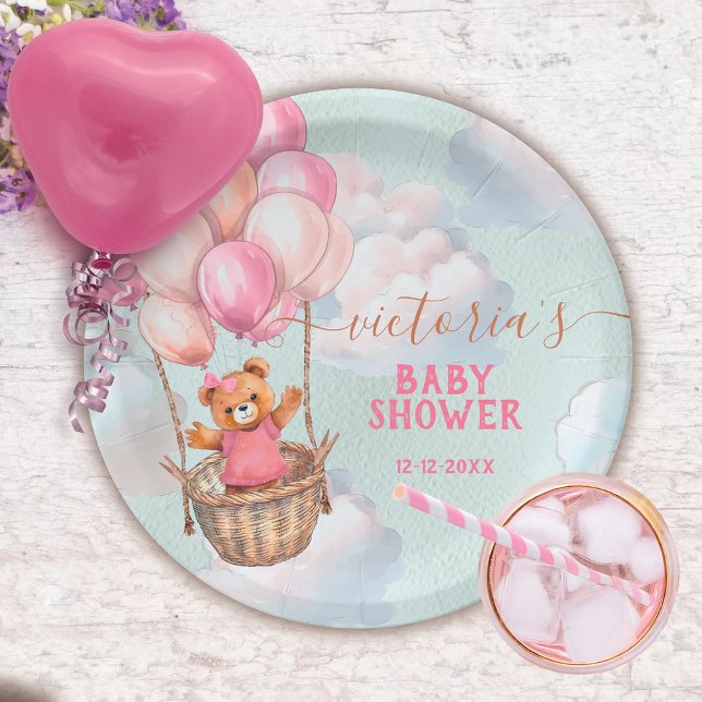 Assiettes En Carton Teddy Bear Girl Hot Air Balloon Baby shower (Matching invitations available)
